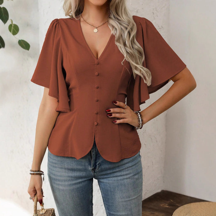 Elegante Damenbluse mit V-Ausschnitt, Schößchen-Schnitt & Volantärmeln. Feminines Oberteil für Business.