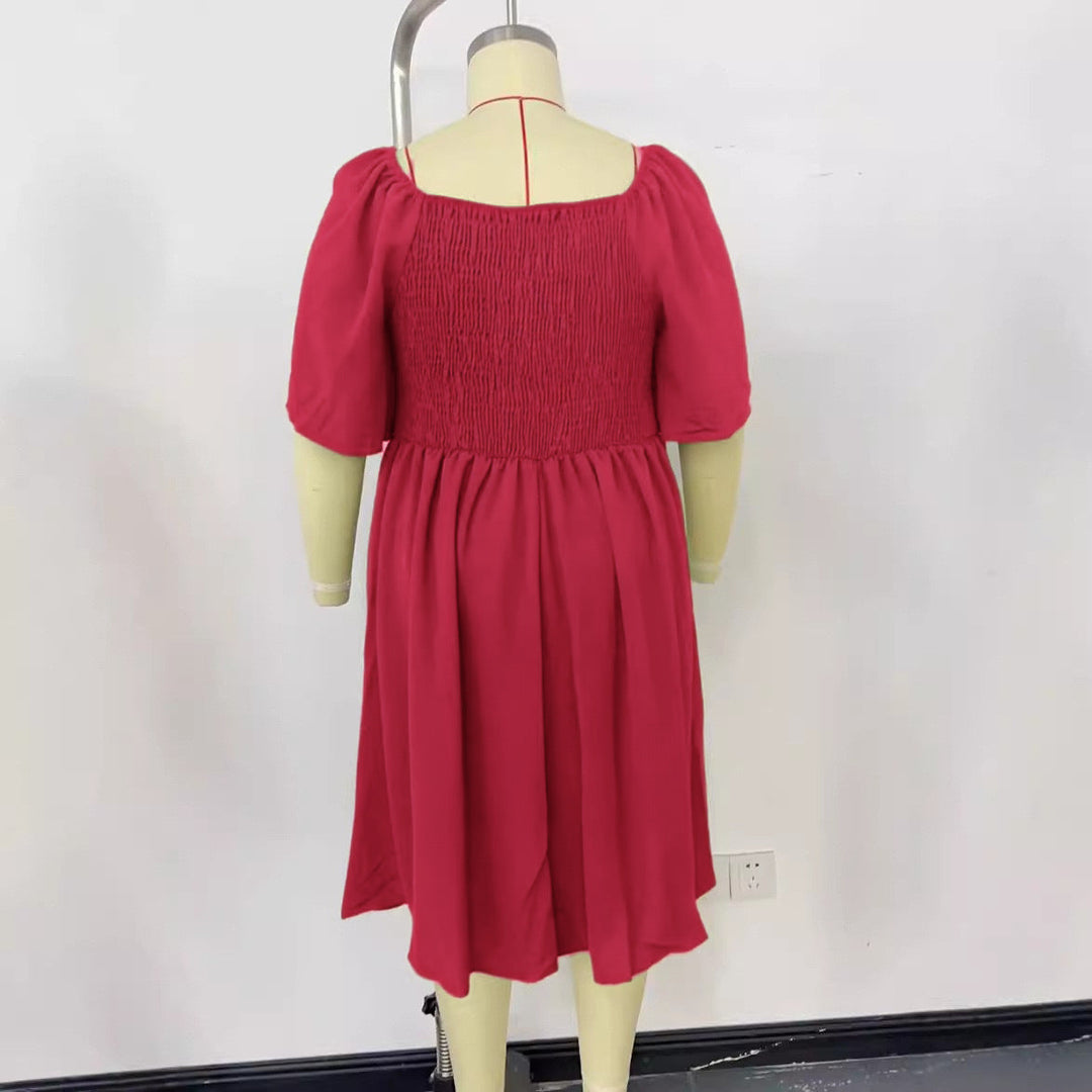 Bequemes Damen Sommerkleid, A-Linien Midi-Länge, mit trendigen Puffärmeln und verspieltem Knoten-Detail.