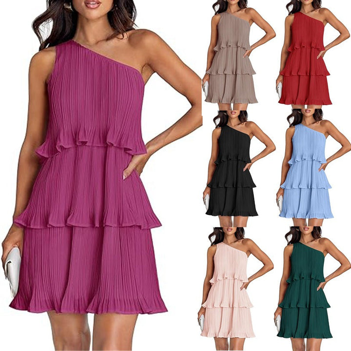 Damen One-Shoulder Plisseekleid, elegantes Stufenkleid in A-Linie. Perfekt für Sommer & Feste.