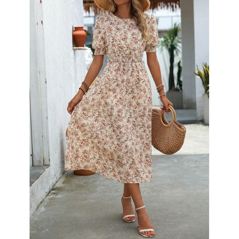 Trendiges Damen Blumendruck Maxikleid, Smock-Taille und Puffärmel. Vielseitiges Frühlings- und Sommerkleid.