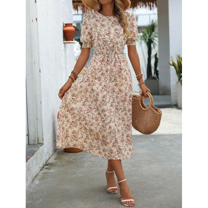 Trendiges Damen Blumendruck Maxikleid, Smock-Taille und Puffärmel. Vielseitiges Frühlings- und Sommerkleid.
