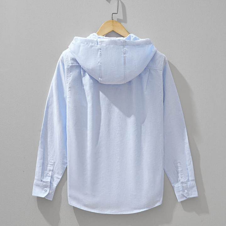 Praktische Herren Alltagsjacke mit Kapuze und Reißverschluss. Bequemer, langärmliger Hoodie in Blau-Weiß für Freizeit.