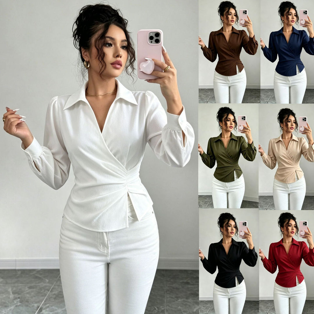 Damen Wickelbluse mit Ballonärmeln, Taillenraffung & Hemdkragen. Elegant & feminin für Business und Freizeit.