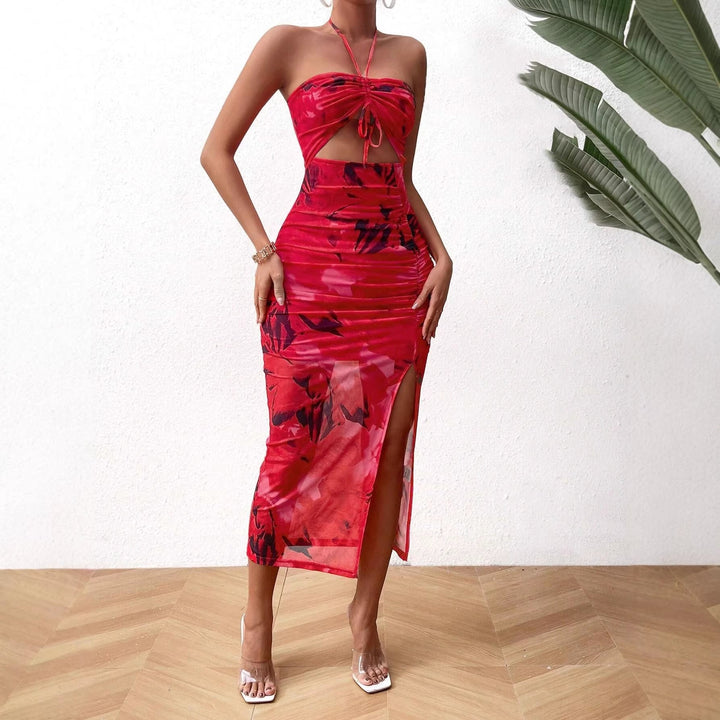 Elegantes Damen Neckholder Midikleid mit Cut-Outs & hohem Beinschlitz. Perfekt als Party- oder Cocktailkleid.