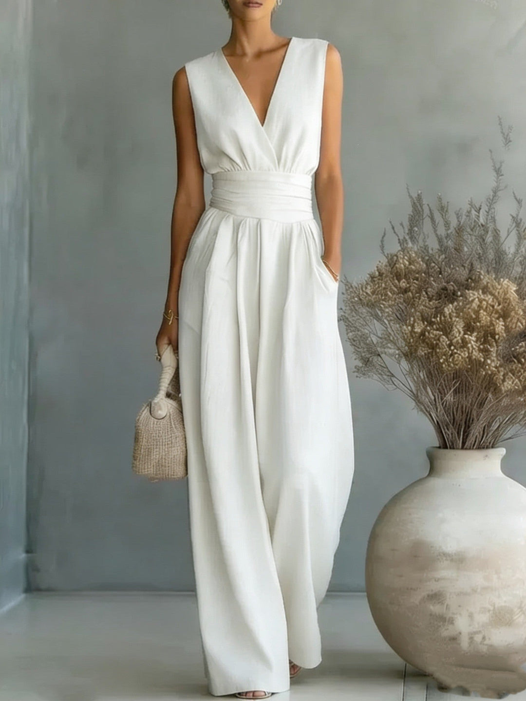 Rückenansicht des Damen Jumpsuits, zeigt das weite Bein und die elegante Passform des Einteilers.