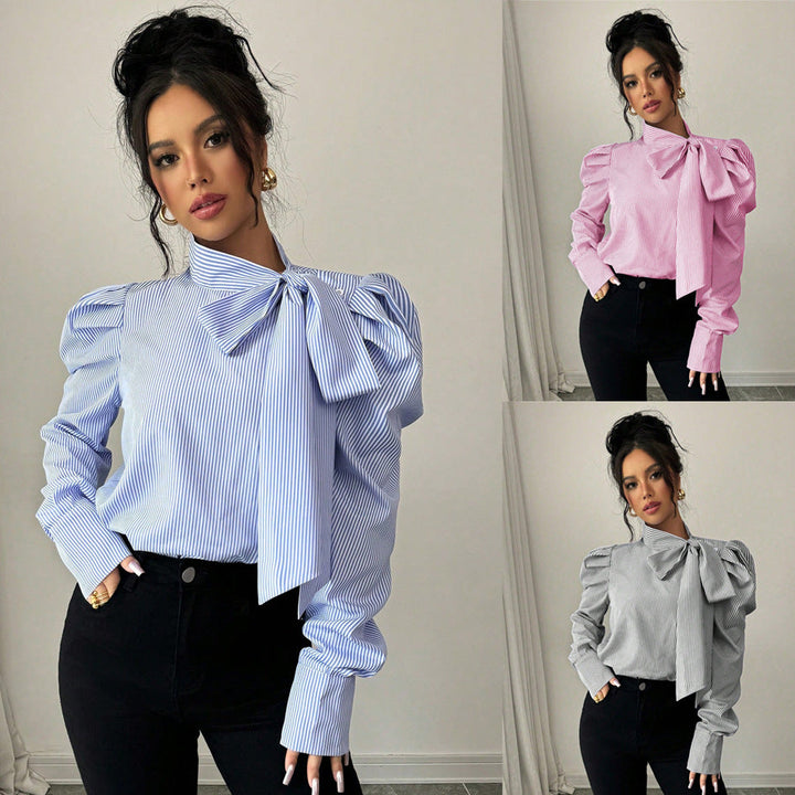 Elegante Damen Schleifenbluse mit Stehkragen und stilvollen Ballonärmeln für Business & Freizeit.