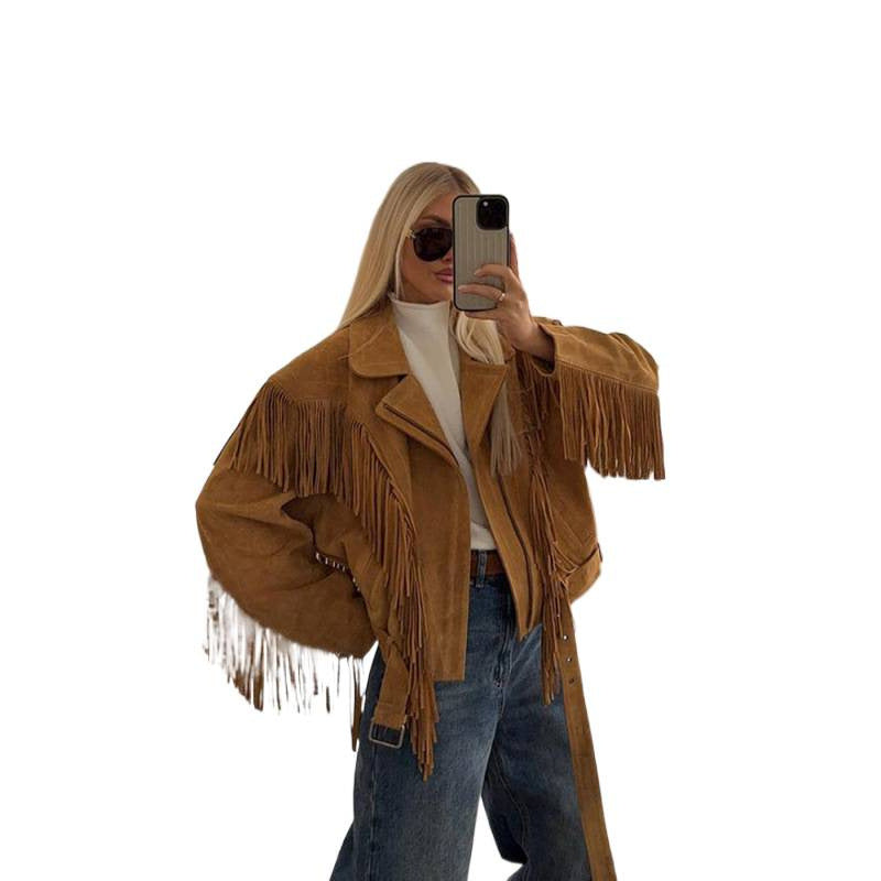 Trendige Damen-Fransenjacke mit auffälligen weiten Ärmeln und dekorativen Fransen, ein Must-have für modebewusste Frauen.