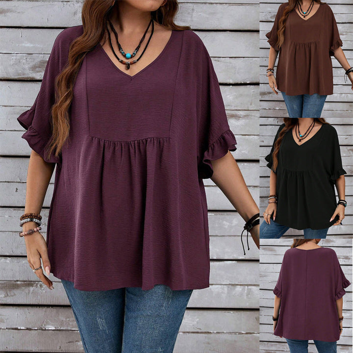 Elegante Damen Tunika mit V-Ausschnitt und Volantärmeln, bequeme Freizeitmode für den Sommer.