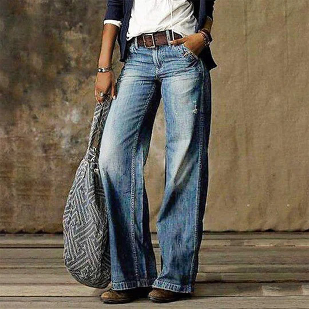 Damen Vintage Jeans mit weitem Bein, High Waist, im zeitlosen Retro-Stil für lockeren Freizeit-Komfort.