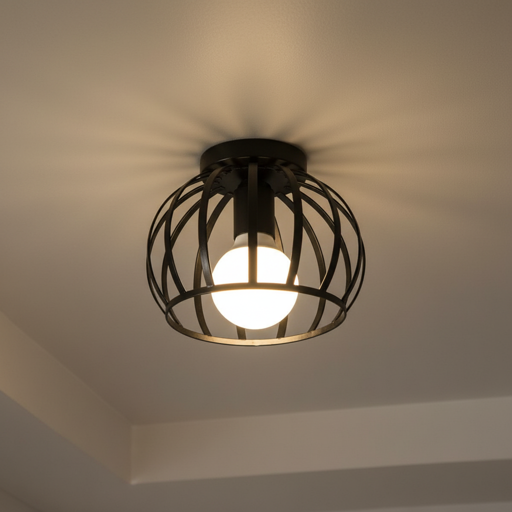 IronOrb Pendelleuchte mit offenem schwarzem Metallkorb, ideal für industrielles Wohnzimmer und Deckenbeleuchtung.
