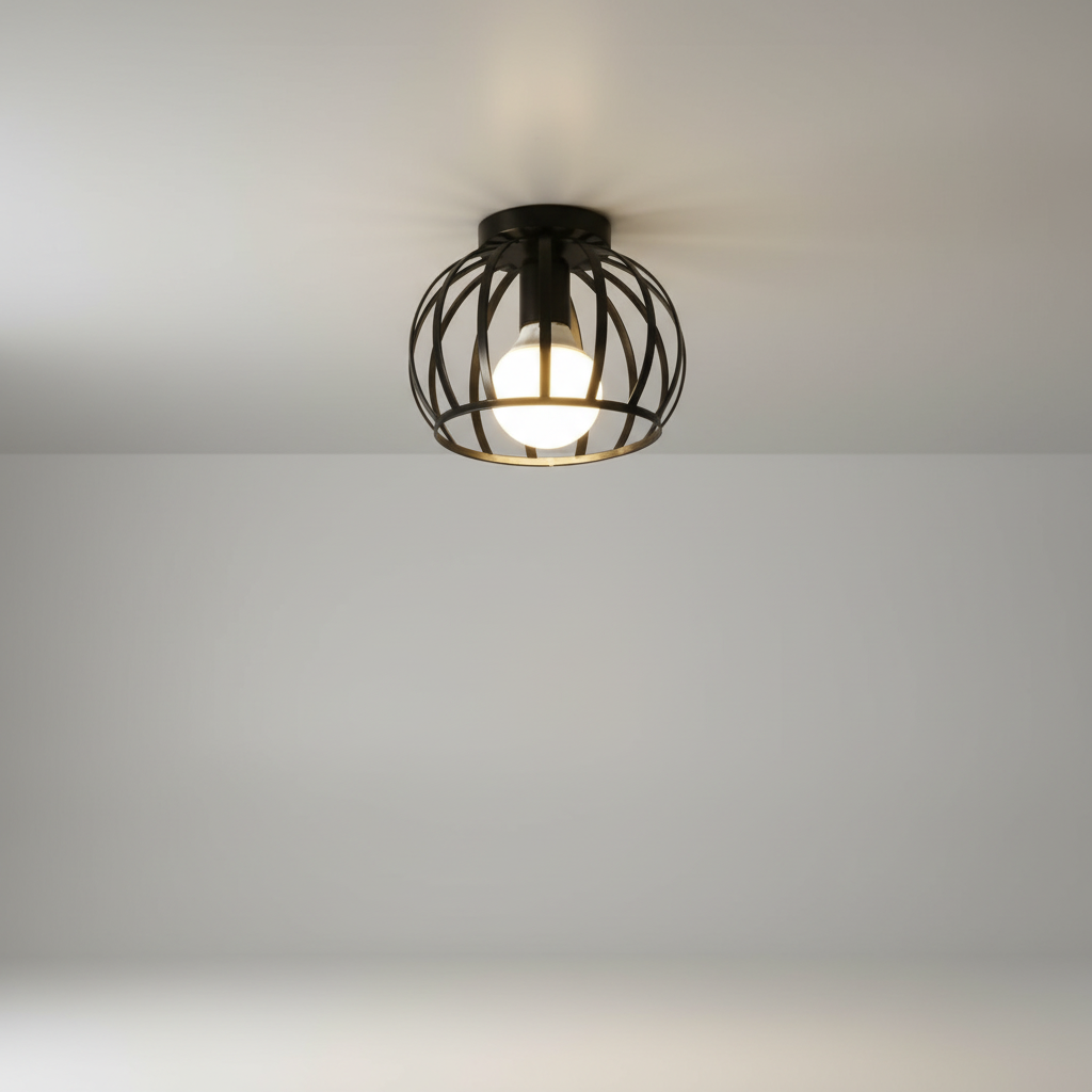 Minimalistische Deckenleuchte mit offenem Korbschirm für warmes, dimmbares Licht in Schlafzimmer oder Flur.