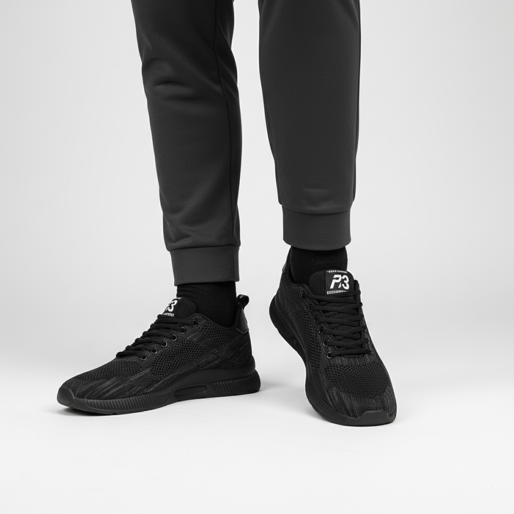 Seitenansicht des modernen schwarzen Herren Erhöhungssneakers Andrew mit integrierter orthopädischer Stütze.