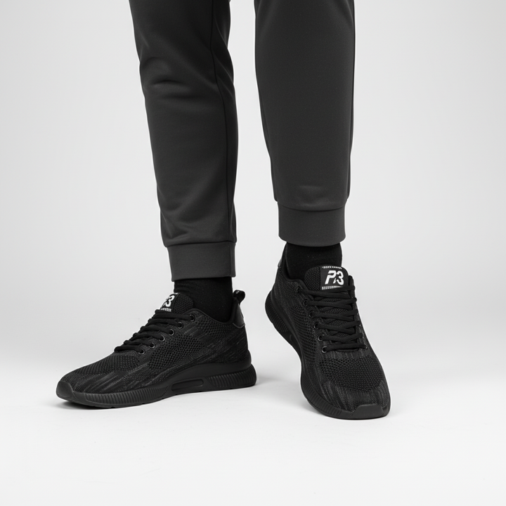 Seitenansicht des modernen schwarzen Herren Erhöhungssneakers Andrew mit integrierter orthopädischer Stütze.
