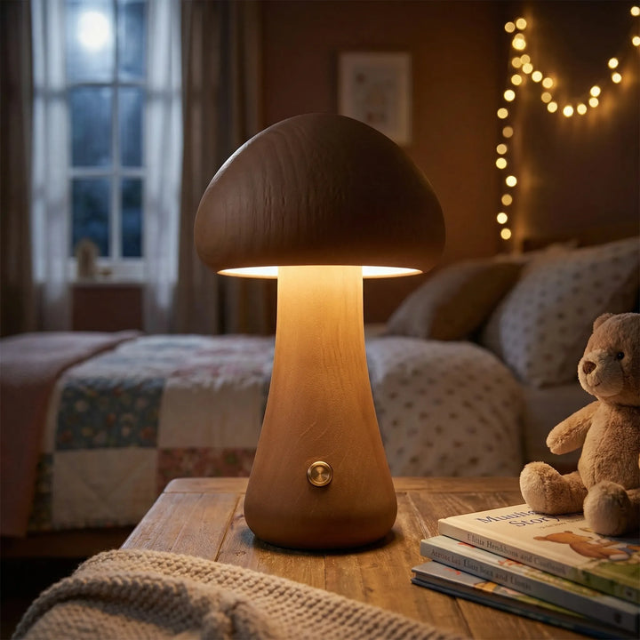 Pilzförmige LED-Tischlampe in Holzoptik als sanftes Nachtlicht fürs Kinderzimmer.