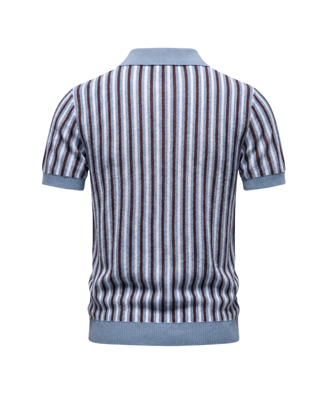 Khaki, Hellblau & Beige gestreiftes Herren Strick-Poloshirt im Retro-Stil für elegante Freizeitmode.