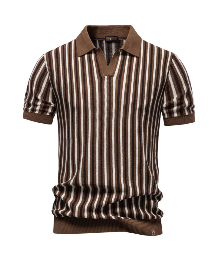 Herren Strick-Poloshirt mit eleganten Streifen in Khaki, Hellblau & Beige; ideal für einen vielseitigen Freizeit-Look.