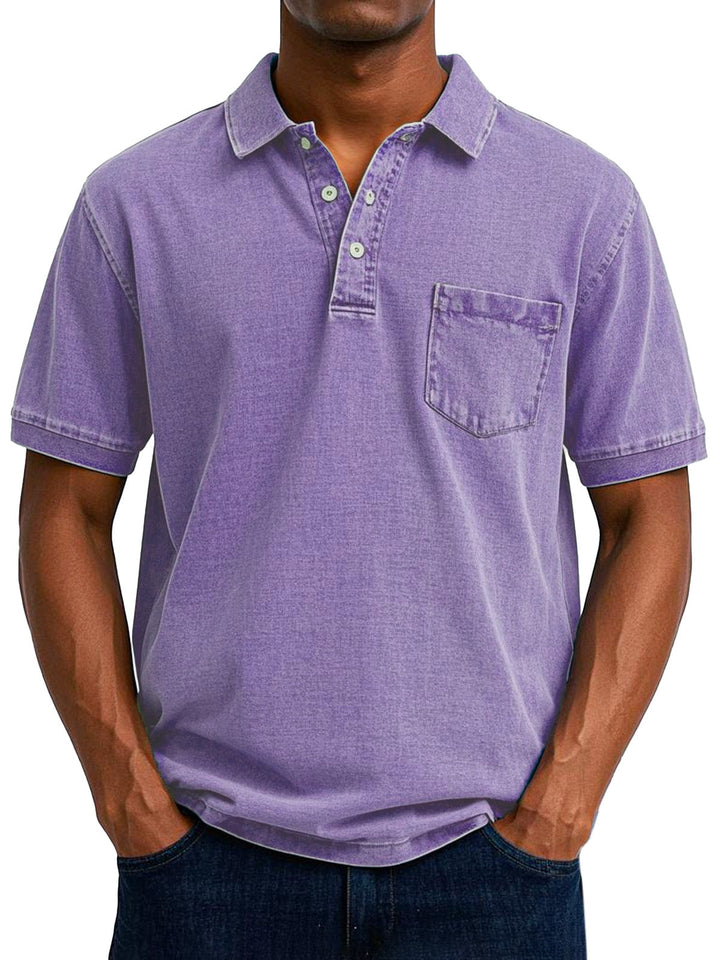 Smart-Casual Herren Vintage Polohemd, Denim-Optik, Kurzarm, Brusttasche, ideal für Sommer.