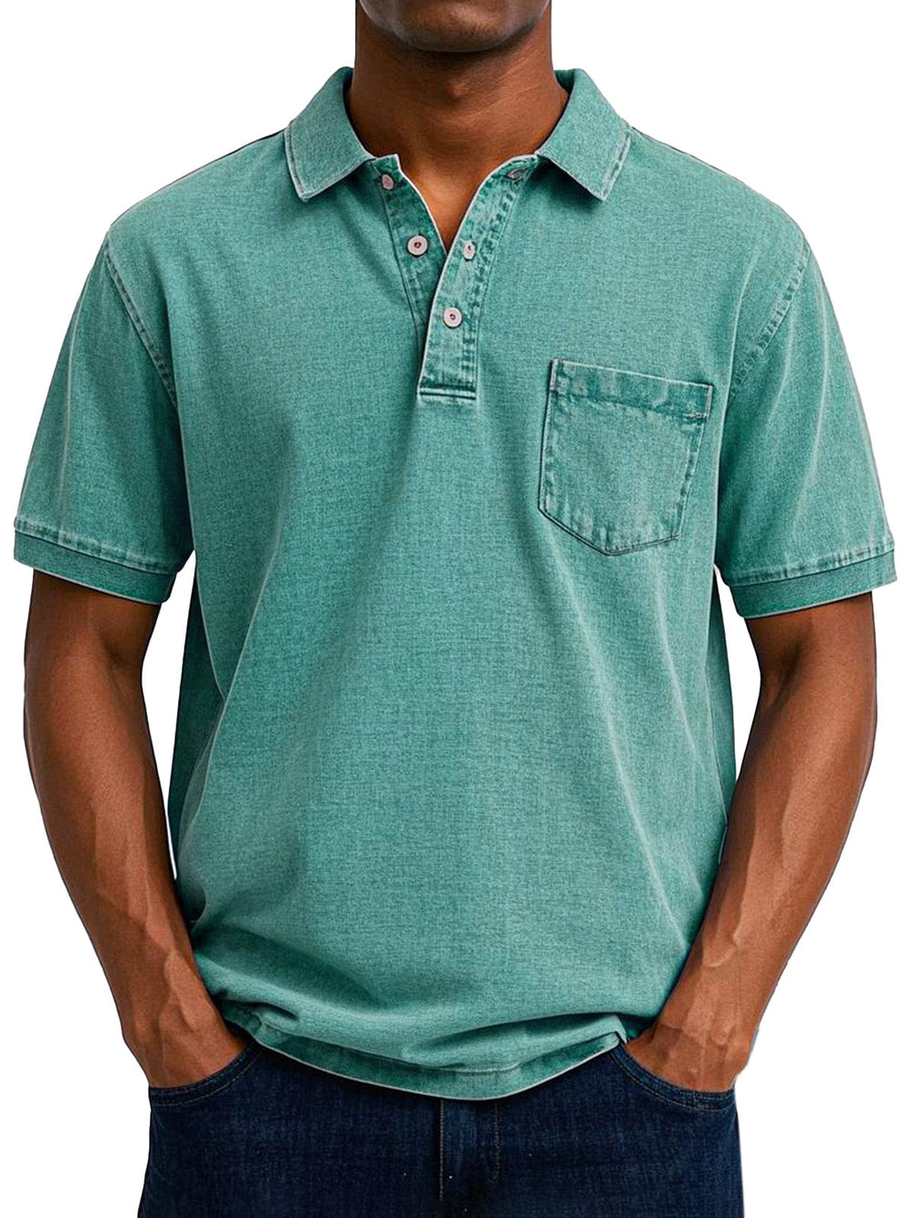 Lässiges Herren Vintage Polohemd, Denim-Look, Kurzarm, Brusttasche für Smart-Casual Style.