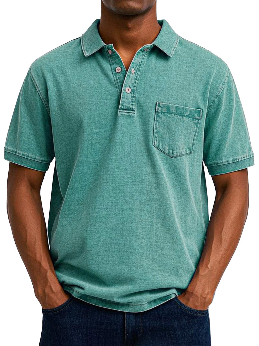 Lässiges Herren Vintage Polohemd, Denim-Look, Kurzarm, Brusttasche für Smart-Casual Style.