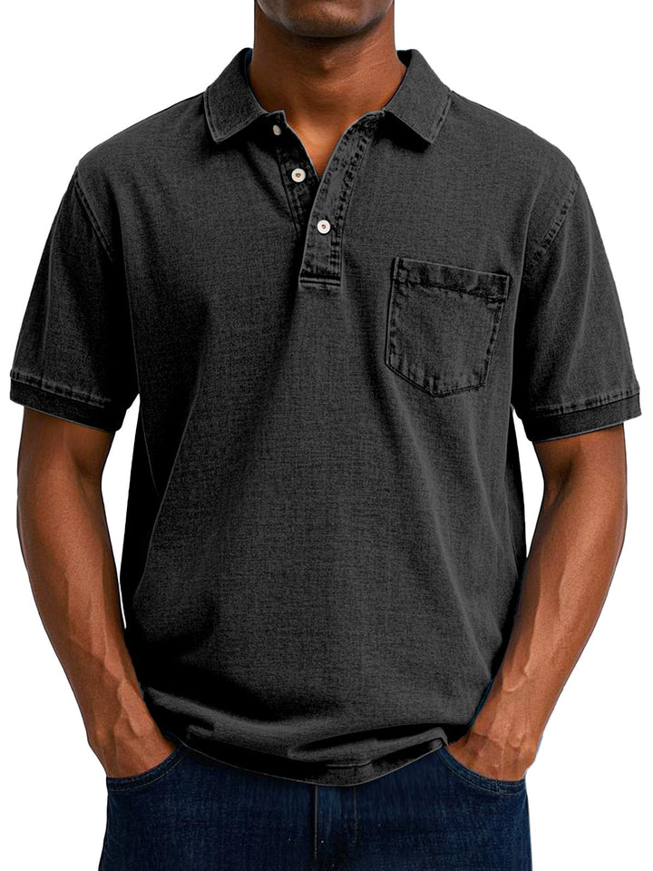 Herren Vintage Poloshirt für Sommer & Freizeit, Denim-Look, Kurzarm, Brusttasche und Polokragen.
