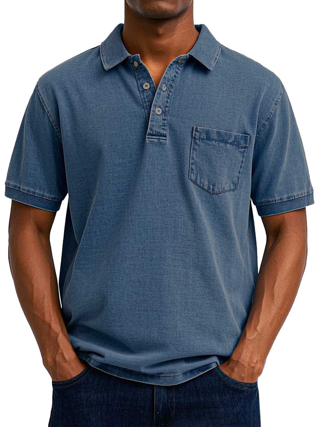 Stylisches Herren Vintage Poloshirt, Denim-Look, Kurzarm, dezente Brusttasche für Freizeitmode.