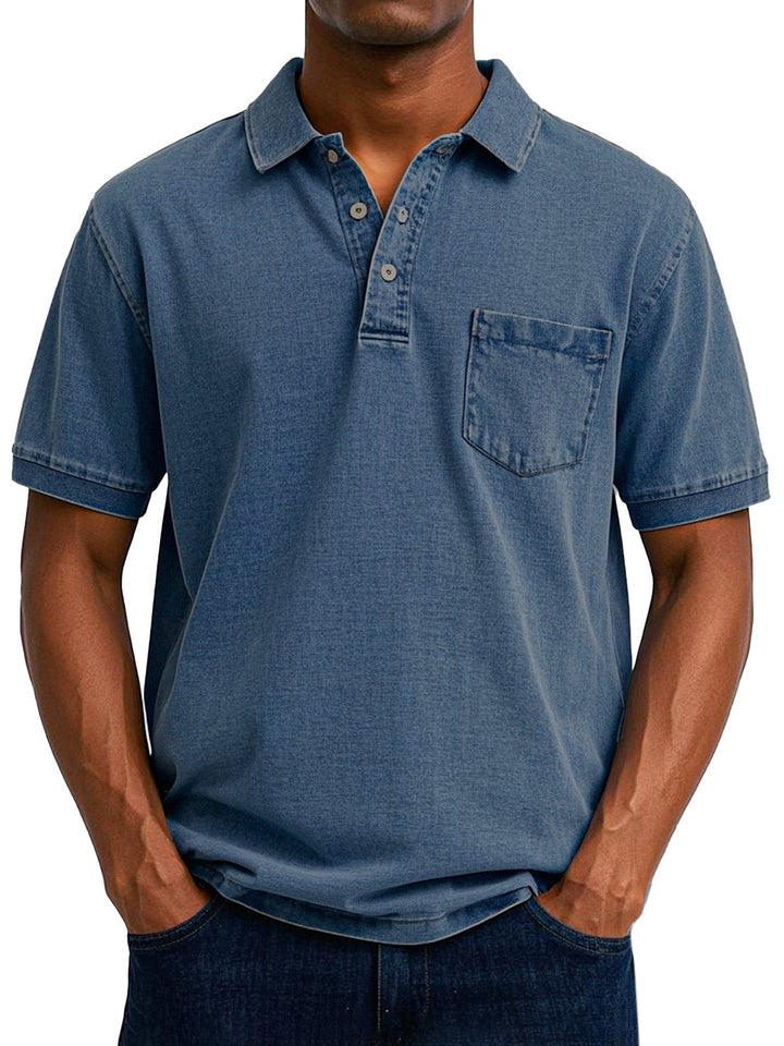 Stylisches Herren Vintage Poloshirt, Denim-Look, Kurzarm, dezente Brusttasche für Freizeitmode.