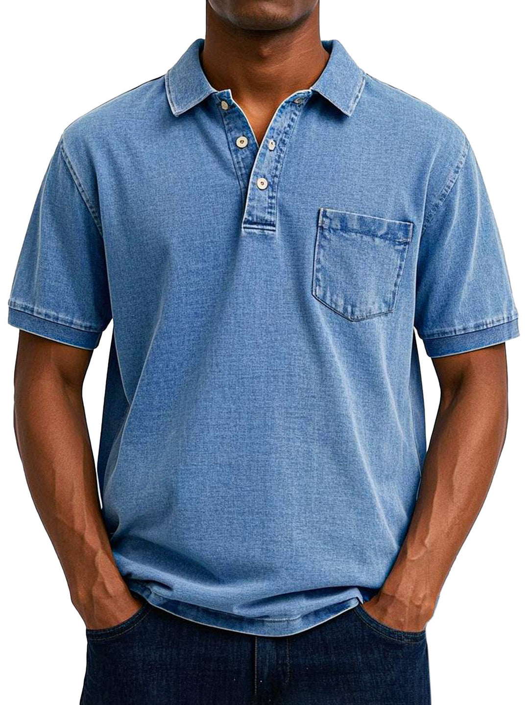 Herren Vintage Poloshirt im Denim-Look mit Kurzarm und Brusttasche. Lässiges Herrenmode-Stück.