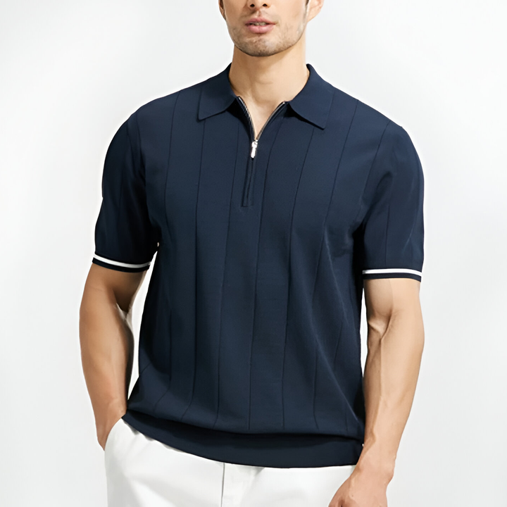 Elegantes & modernes Herren Kurzarm-Strickpoloshirt mit Reißverschluss & Streifen. Ideal für Frühling/Sommer.