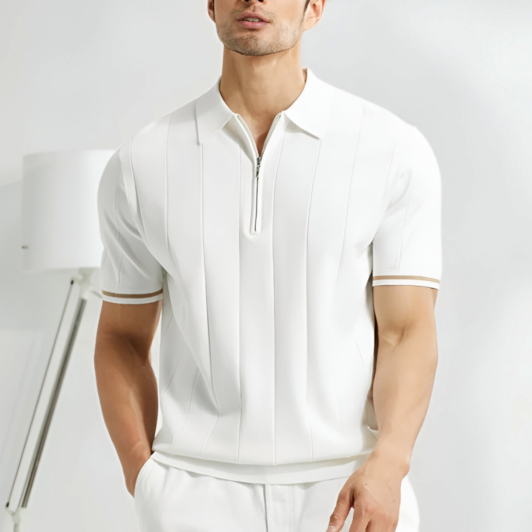 Herren Kurzarm Strick-Poloshirt mit Reißverschluss & eleganten Streifen, ideal für Business-Casual & Freizeit.