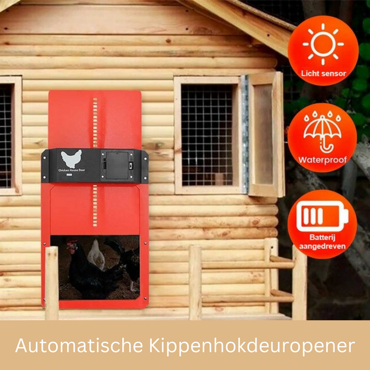 Hühnerstalltür SafeCoop: Automatische Öffnung/Schließung via Lichtsensor für optimalen Geflügelschutz vor Raubtieren.