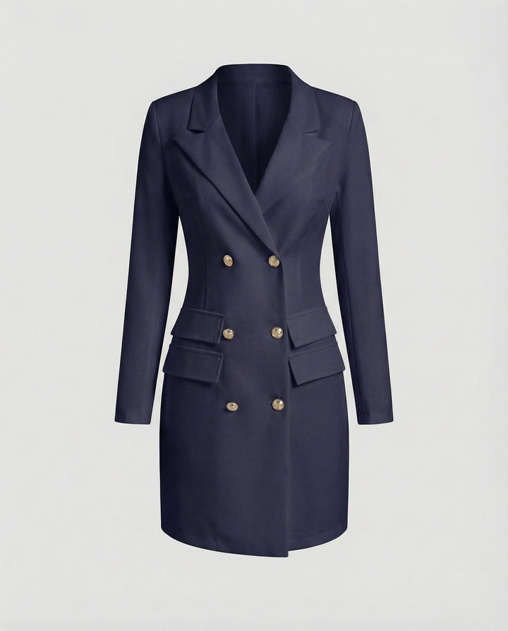 Schickes schwarzes Damen Blazerkleid, doppeltreihig, ideal als Business-Kleid, Abendkleid oder festliches Outfit.