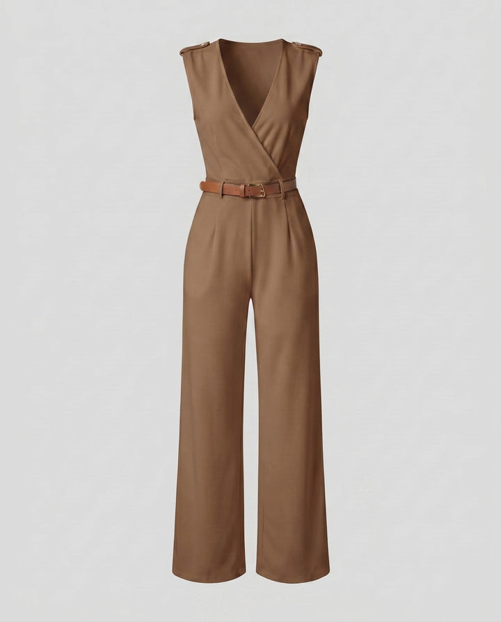 Moderner Damen Overall mit V-Ausschnitt, weitem Bein und taillierter Passform, sehr modisch.