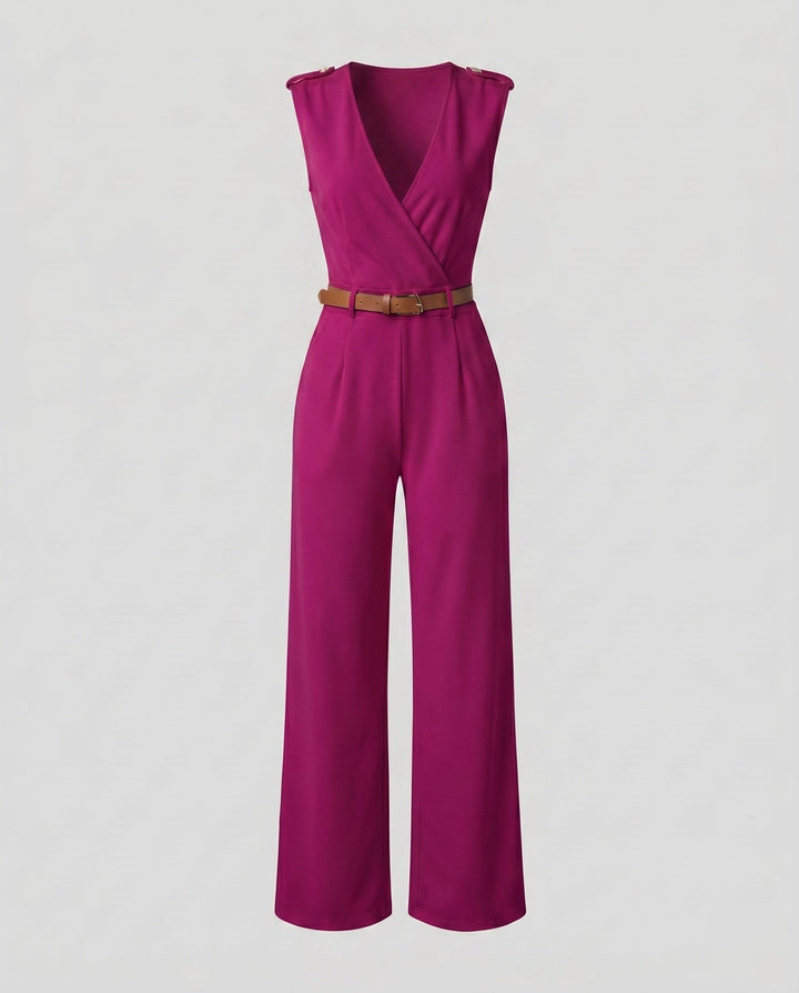 Bequemer Damen Jumpsuit mit V-Ausschnitt und weitem Bein, vielseitig kombinierbar.