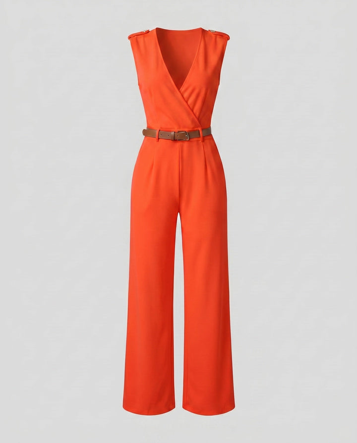 Eleganter Damen Overall mit V-Ausschnitt, weitem Bein, ein bequemes und modisches Abendoutfit.