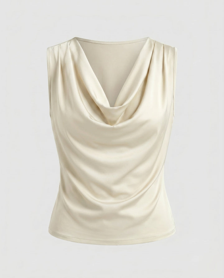 Damen Top ärmellos mit schmeichelndem Wasserfallkragen. Perfekt kombinierbar für stilvolle Sommerlooks.