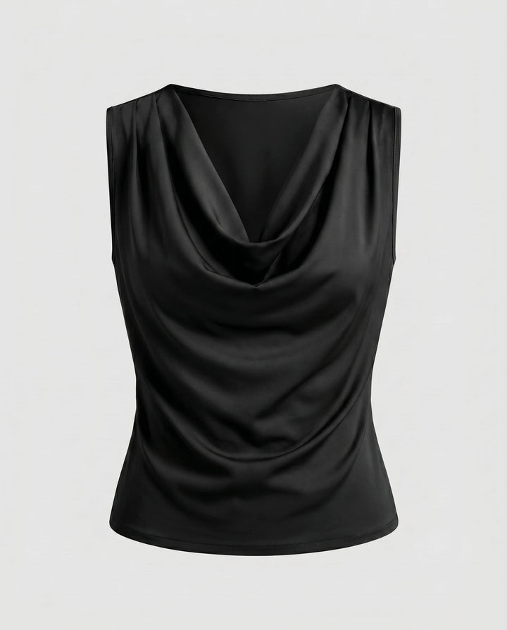 Stylisches Damen Sommer Top, ärmellos, mit edlem Wasserfallkragen. Elegant & komfortabel für jede Frau.
