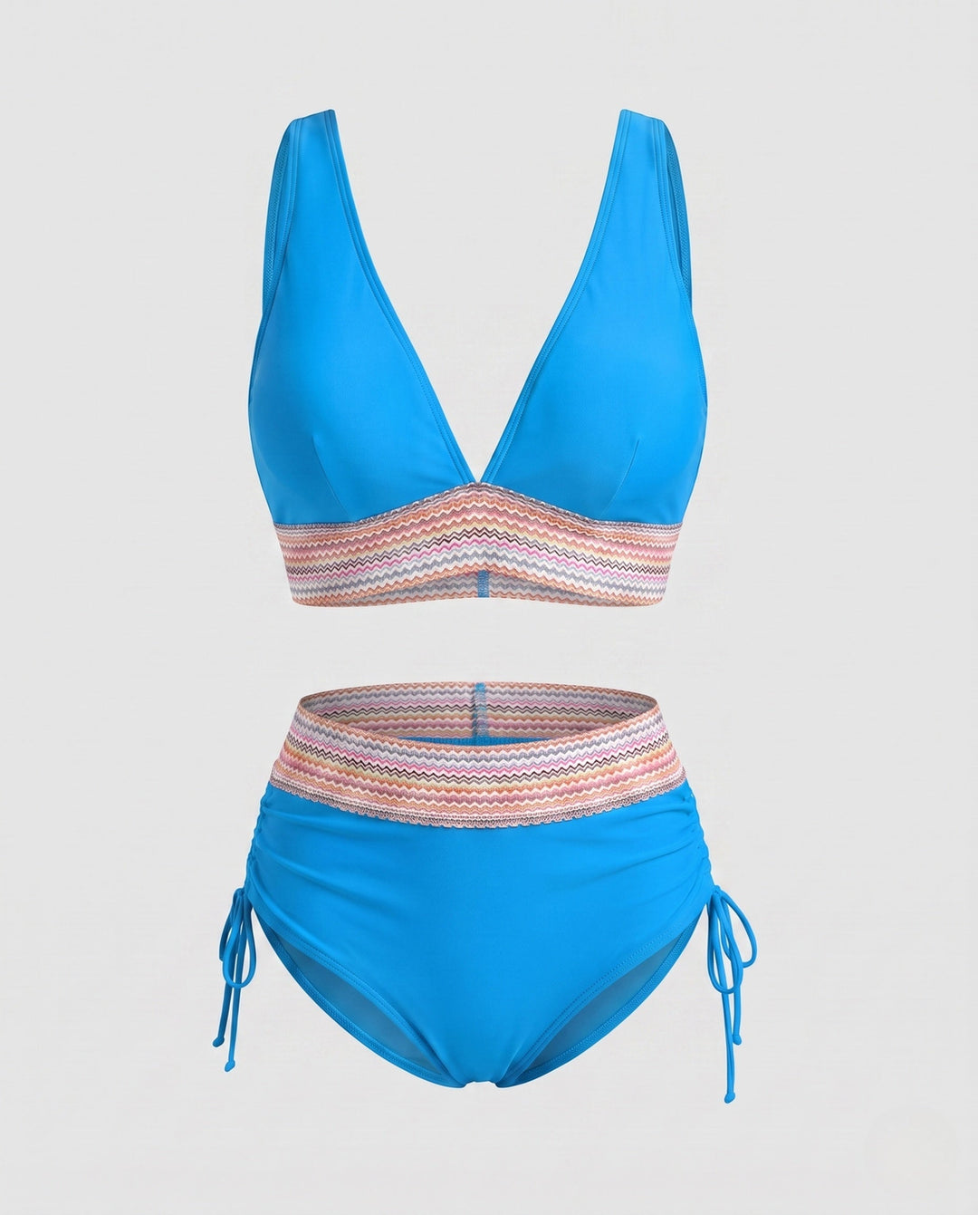 Damen Strandmode: Moderner Bikini mit V-Ausschnitt Oberteil & hochgeschnittenem Unterteil, UV-Schutz.