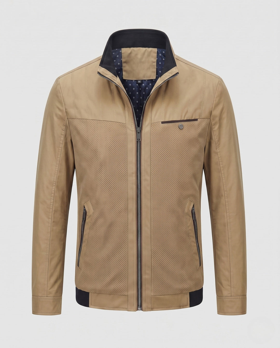 Stilvolle Herren Hybridjacke, atmungsaktiv und leicht. Grüne Übergangsjacke mit Stehkragen, slim fit.