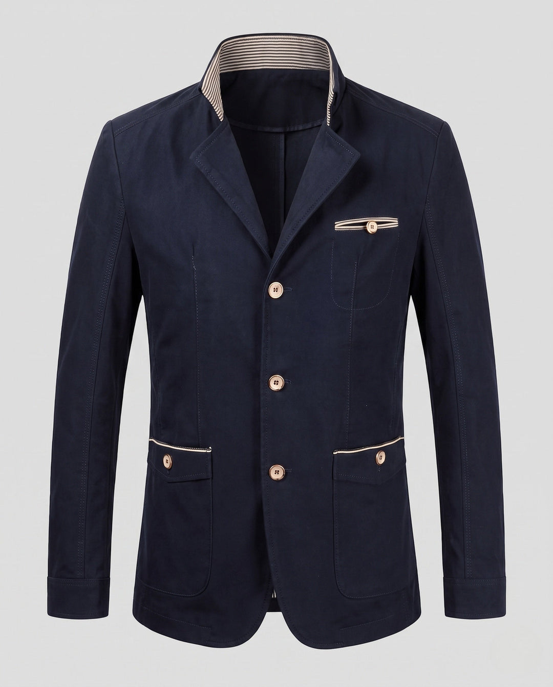 Vielseitiger Herren Freizeit Blazer, blaues Jackett mit Stehkragen und Knöpfen für Smart Casual & stilvolle Anlässe.