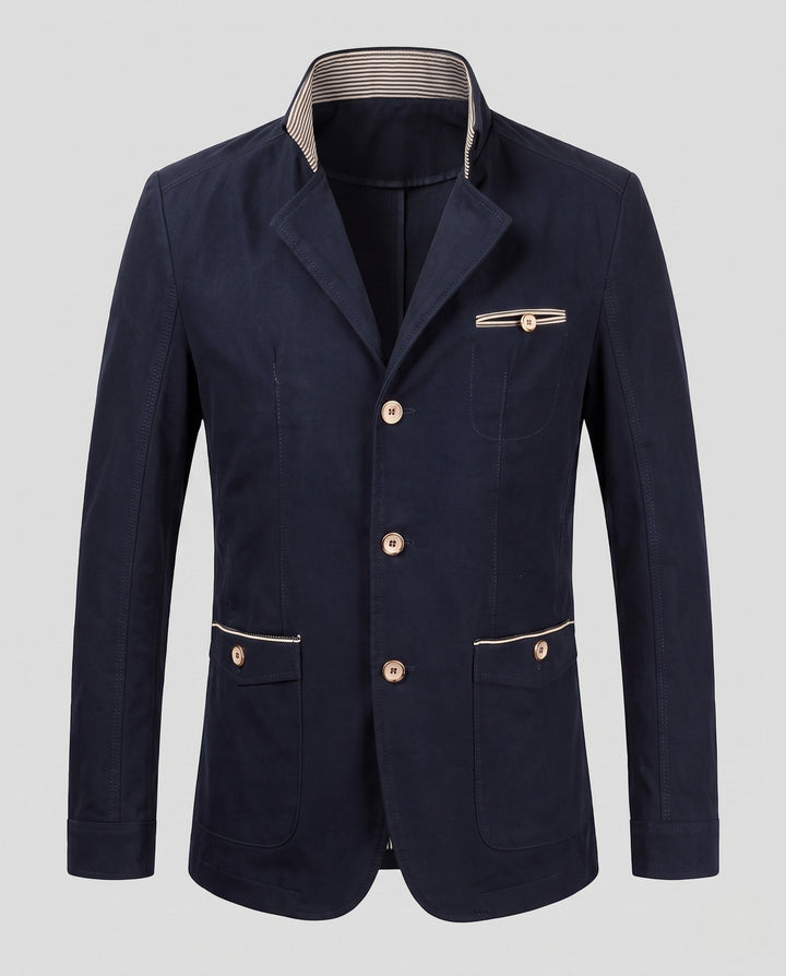 Vielseitiger Herren Freizeit Blazer, blaues Jackett mit Stehkragen und Knöpfen für Smart Casual & stilvolle Anlässe.