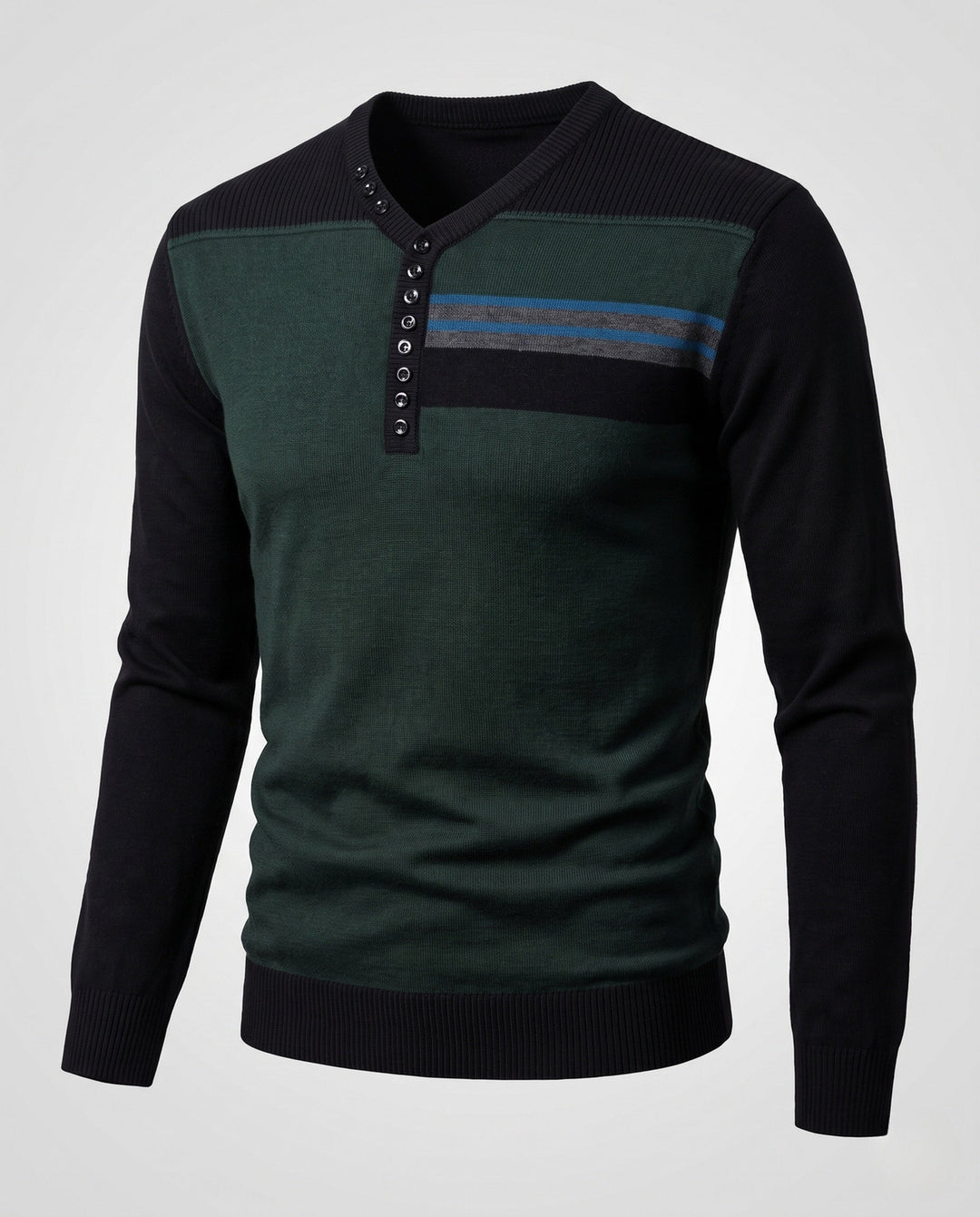 Grauer Herren Langarm Polo, gestreiftes Muster, komfortabler Pullover für den Alltag.
