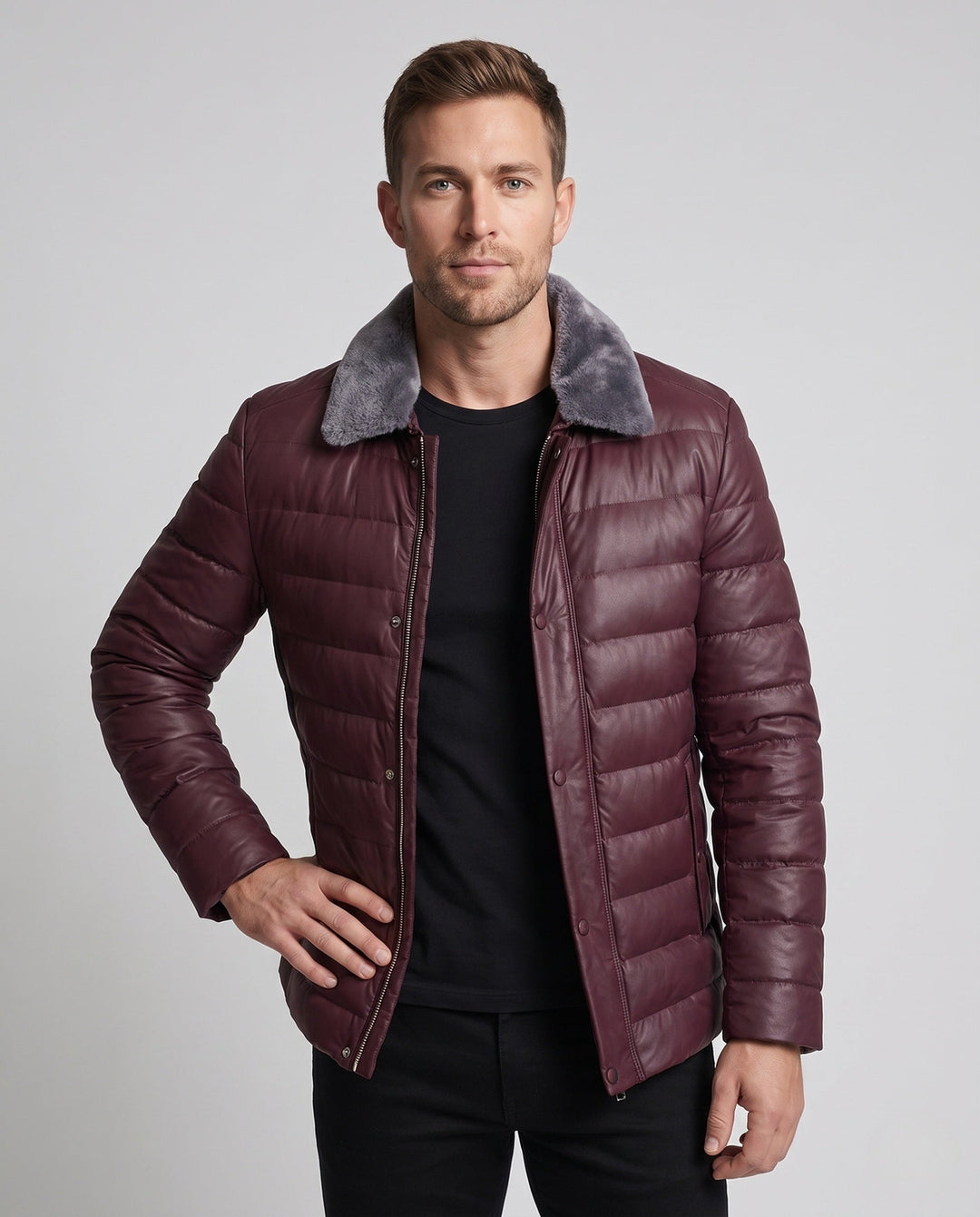 Blaue Herren-Steppjacke in Lederoptik mit Teddykragen, elegant & warm, perfekt für Business & Freizeit.