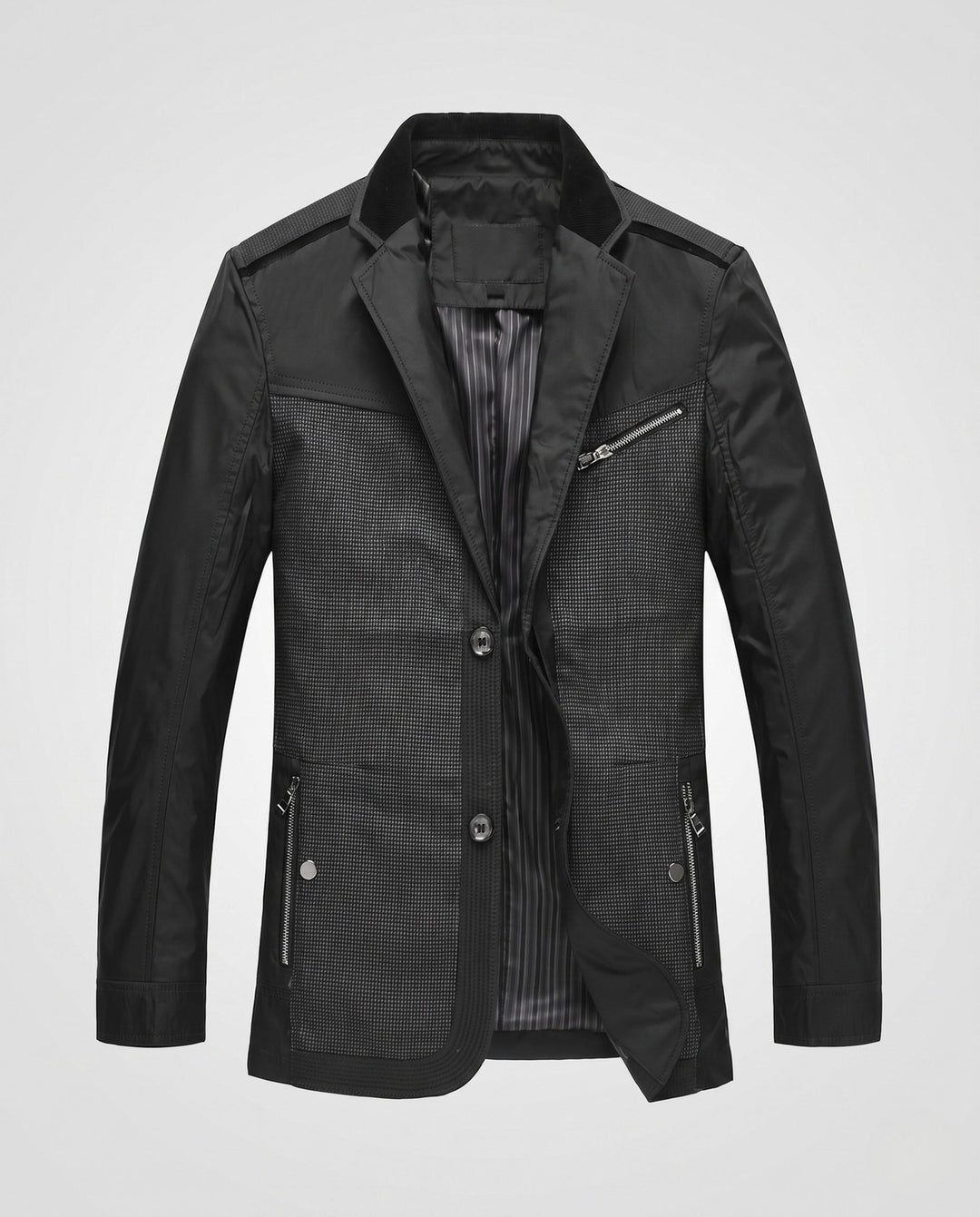 Frontansicht der modernen Herren Hybrid Blazerjacke, elegant & vielseitig kombinierbar.