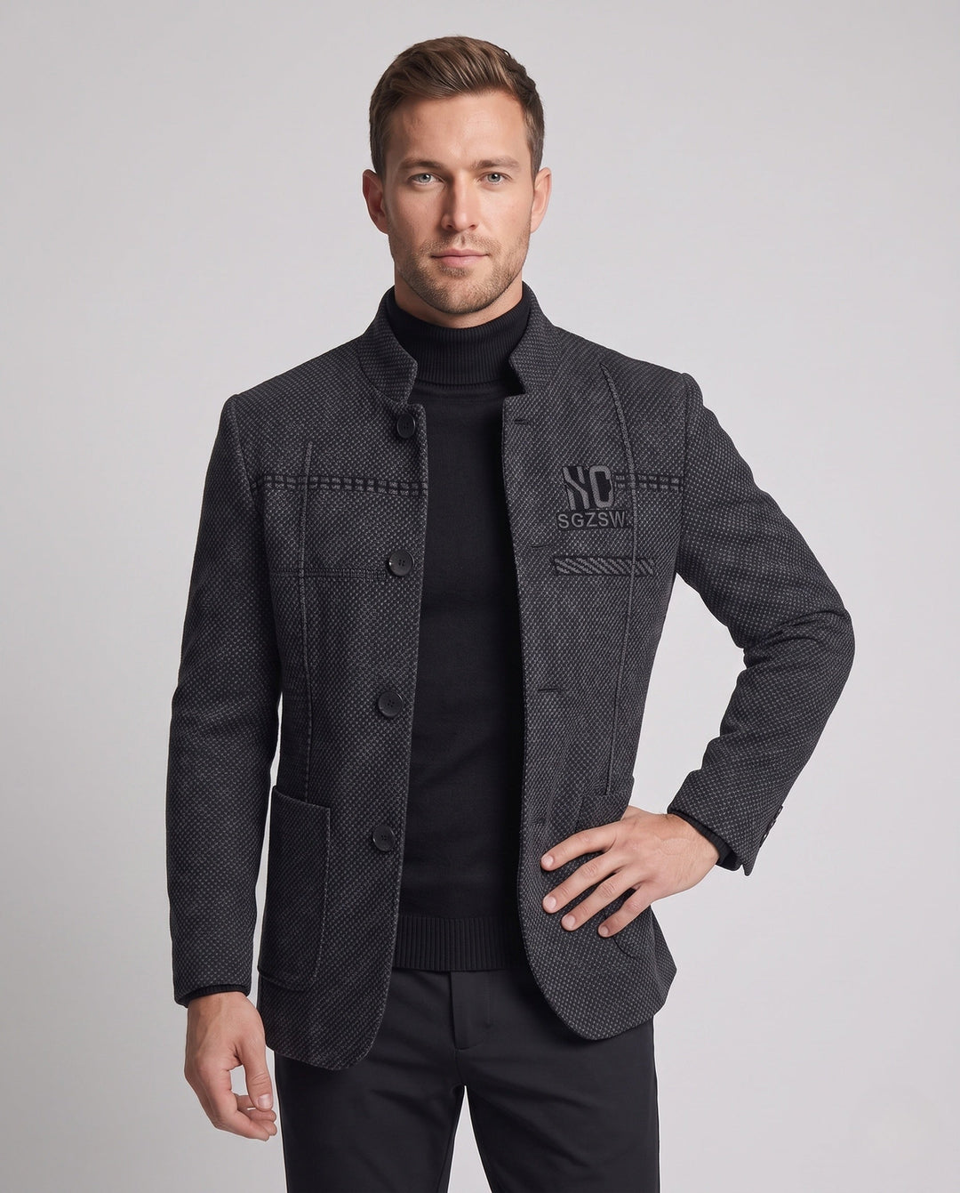 Eleganter Herren Kurzblazer mit Stehkragen. Ideal als warmer Winterblazer oder stilvolle Freizeitjacke für Männer.