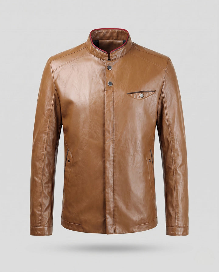 Rückenansicht der schwarzen Herren Bikerjacke mit Stehkragen, Lederoptik, Reißverschluss; Motorradstil Jacke.