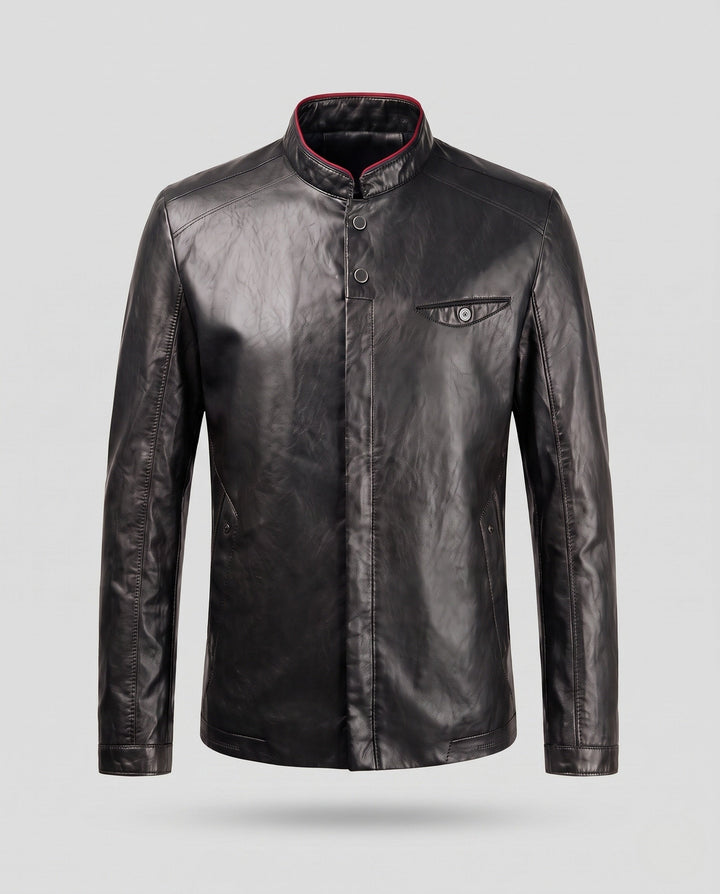 Trendige Herren Bikerjacke mit Stehkragen in Schwarz, schlanker Slimfit-Schnitt; vielseitige Übergangsjacke für Männer.