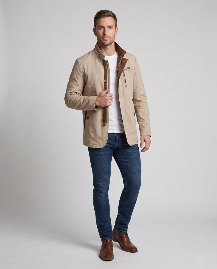 Herren Übergangsjacke mit Stehkragen in modernem Design, perfekt für Frühling und Herbst.