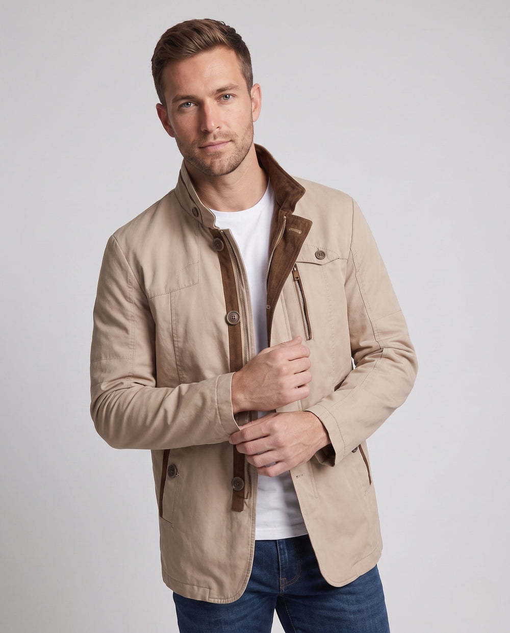 Lässige Herren Freizeitjacke mit Stehkragen, ideal als Alltagsjacke für Business Casual Outfits.