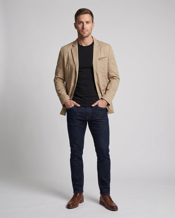 Dunkelblauer Herren Slim-Fit Casual Blazer, leichte Übergangsjacke für Smart Casual Look, modern & komfortabel.