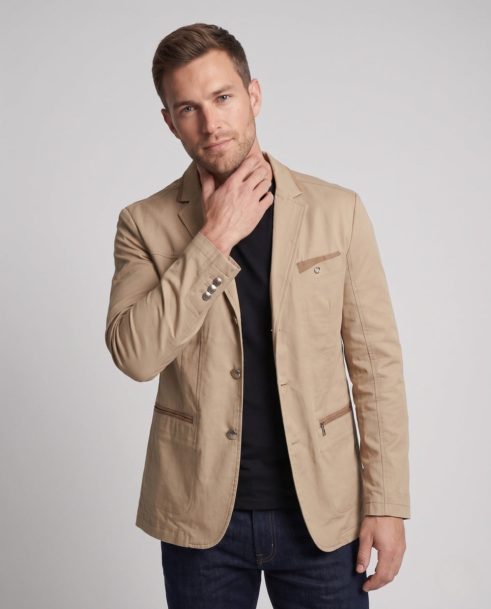 Stylischer Herren Slim-Fit Blazer in Grau, perfekte Freizeitjacke für vielseitige Business Casual Outfits.